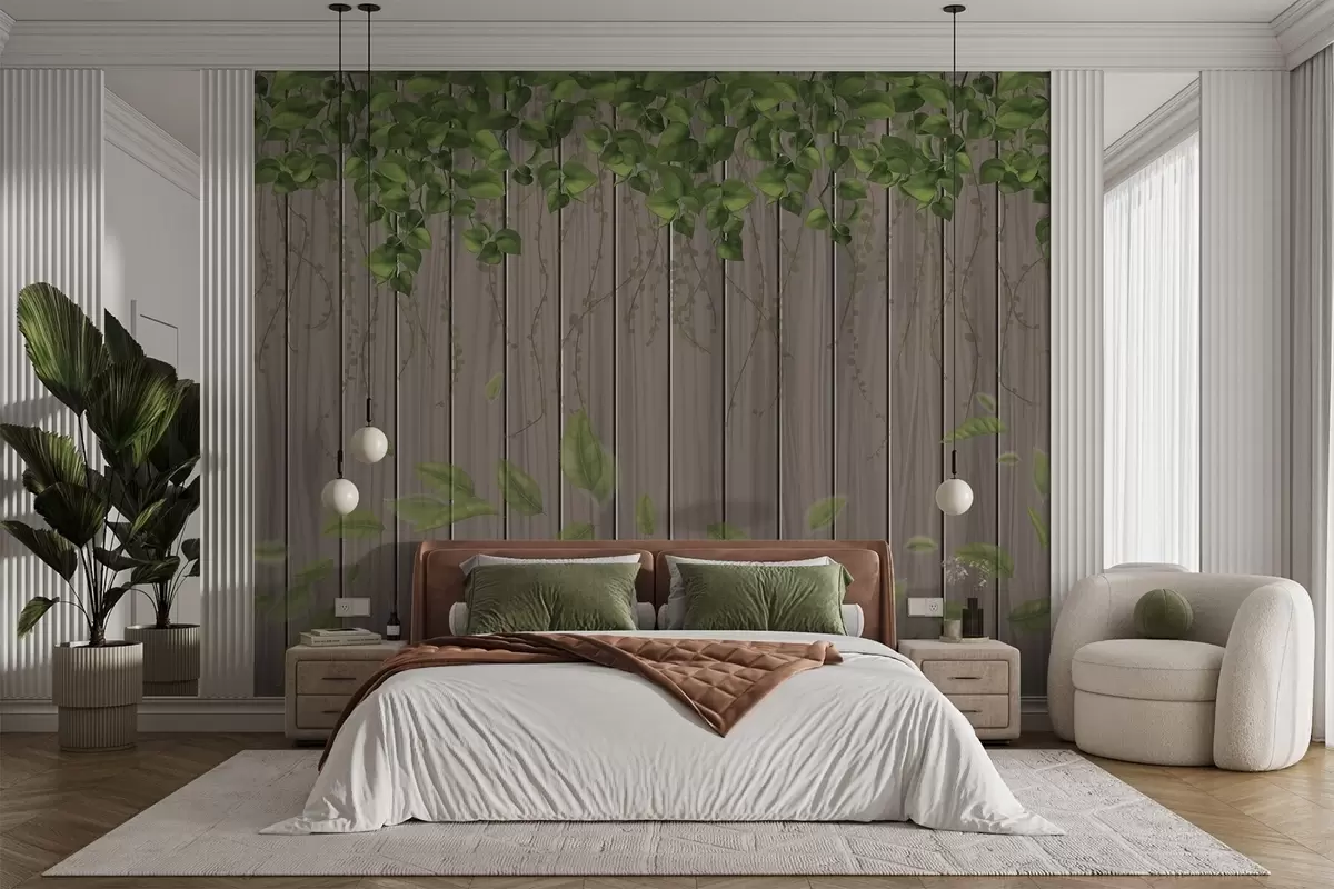 wall murals Имитација дрвених дасака са висећим листовима w04603