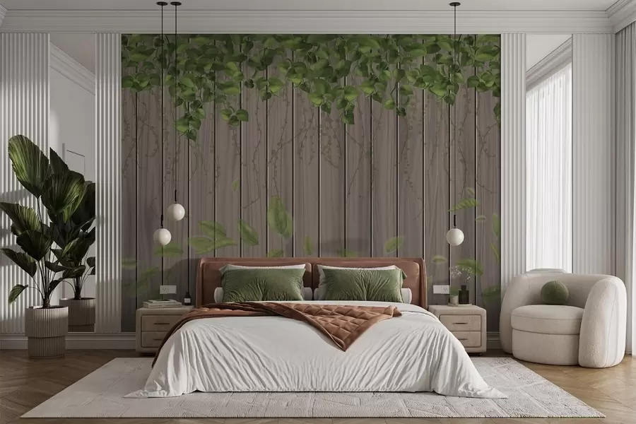 wall murals Имитација дрвених дасака са висећим листовима w04603
