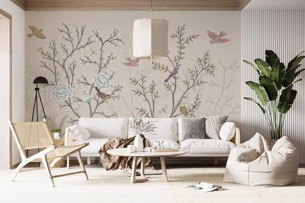 wall murals Дрвеће са птицама и цвећем w04605