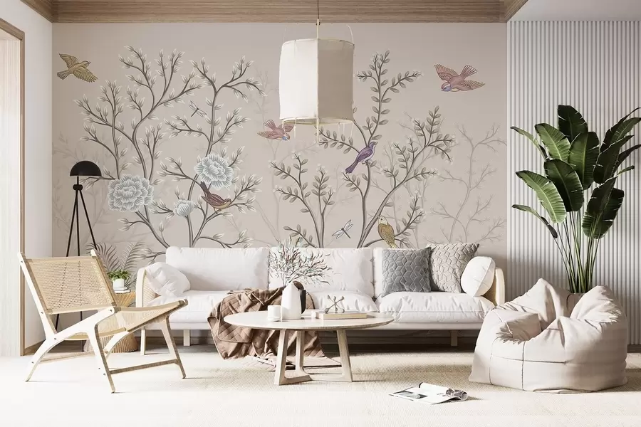 wall murals Дрвеће са птицама и цвећем w04605