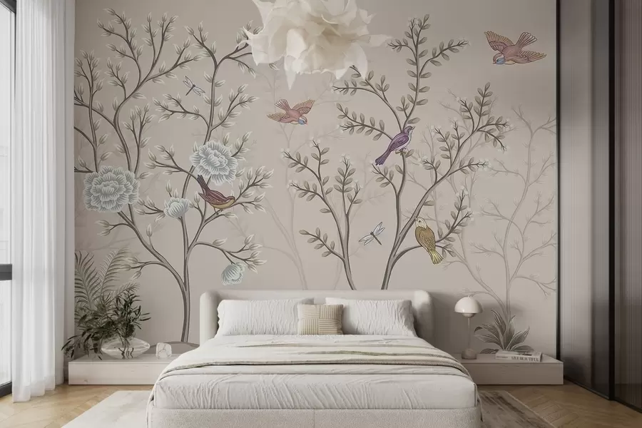 wall murals Дрвеће са птицама и цвећем w04605