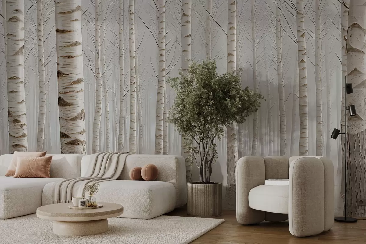 wall murals Брезова шума у магли, лагани минимализам w04574