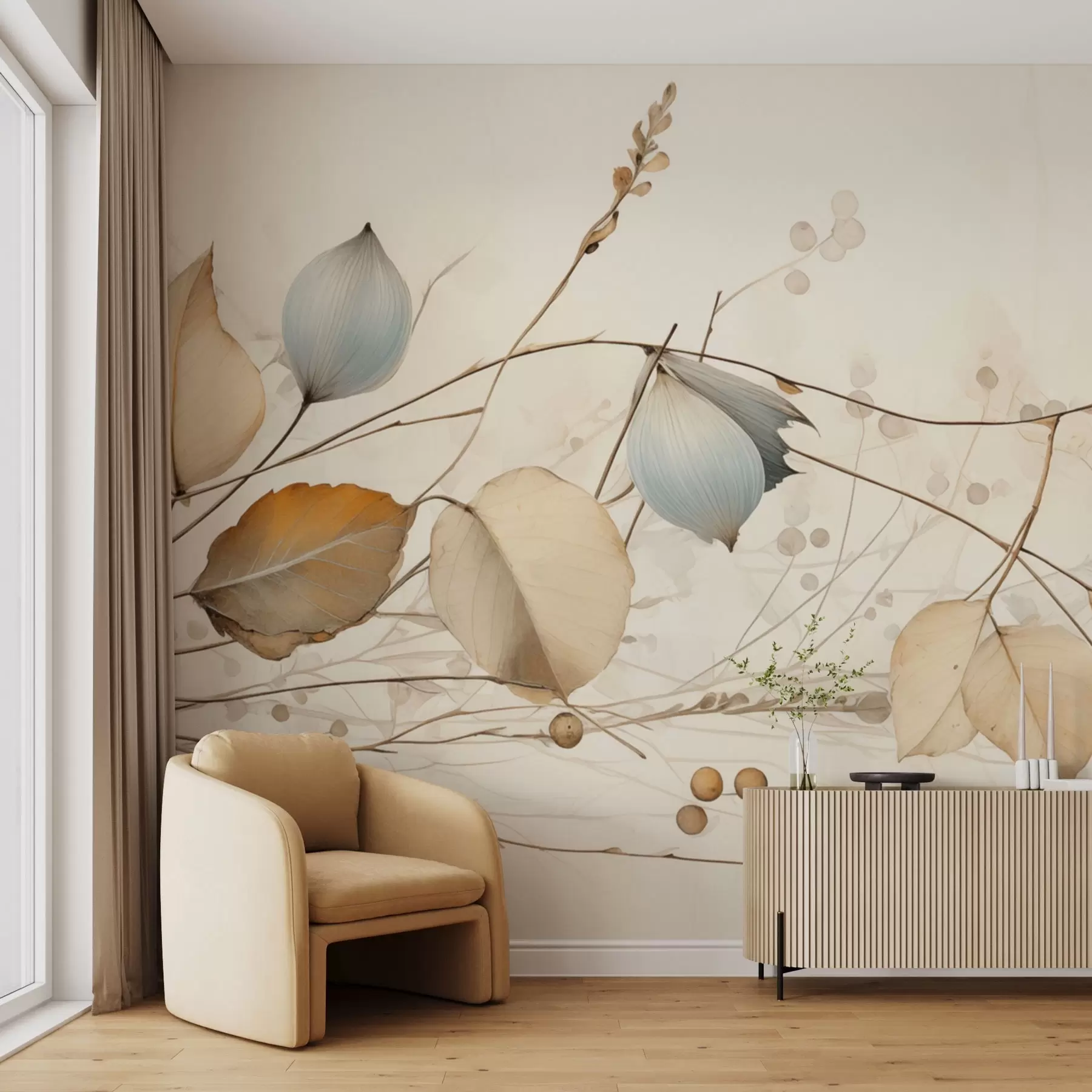 wall murals Нежне гране са листовима у беж тоновима w04579