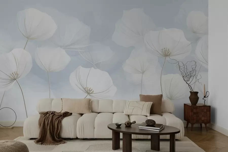 wall murals Прозрачно бело цвеће на плавој позадини w04580