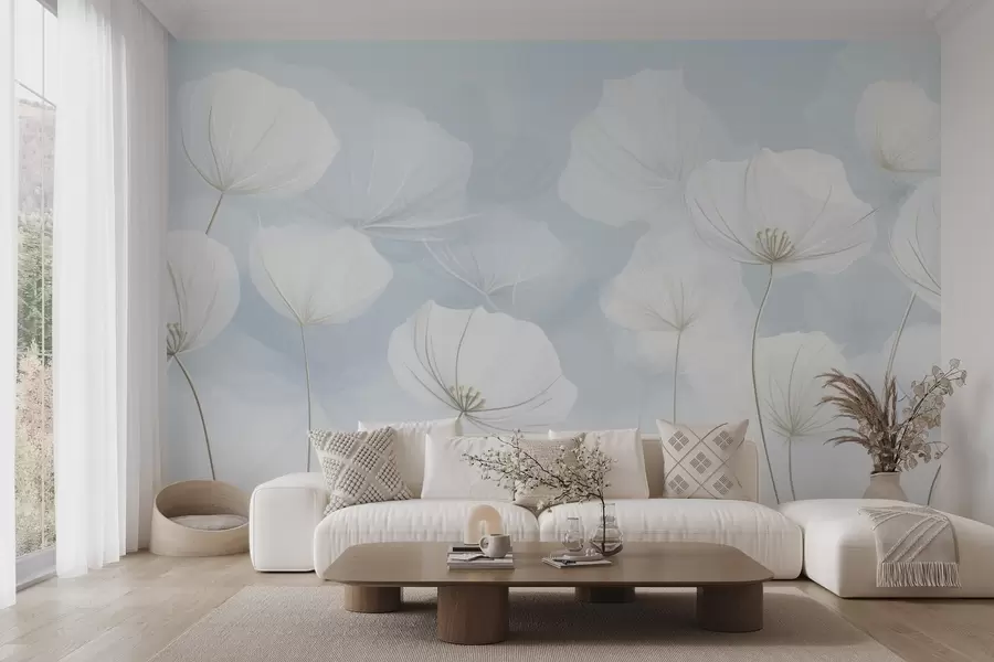 wall murals Прозрачно бело цвеће на плавој позадини w04580