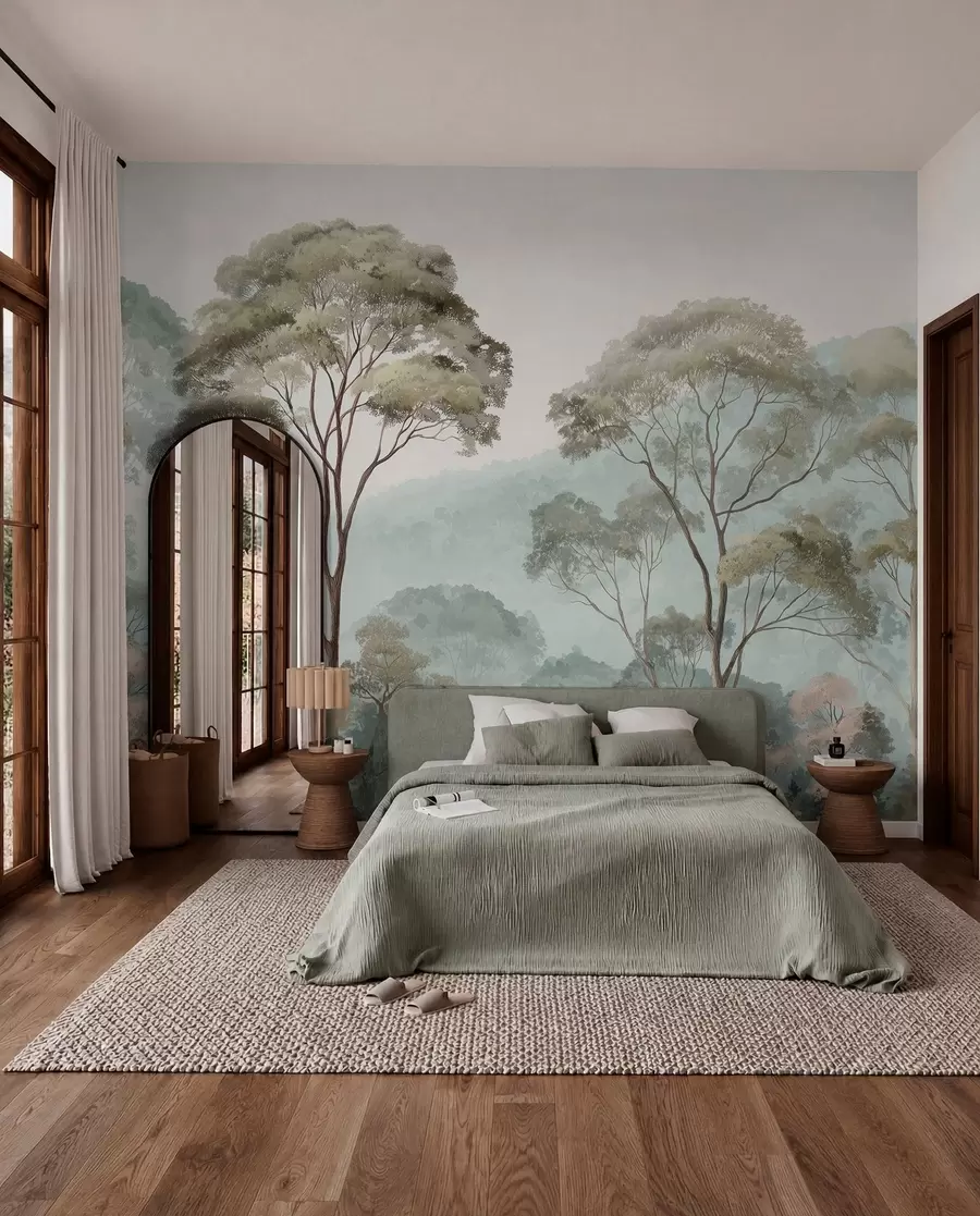 wall murals Магловито јутро у шуми у стилу акварела w09405