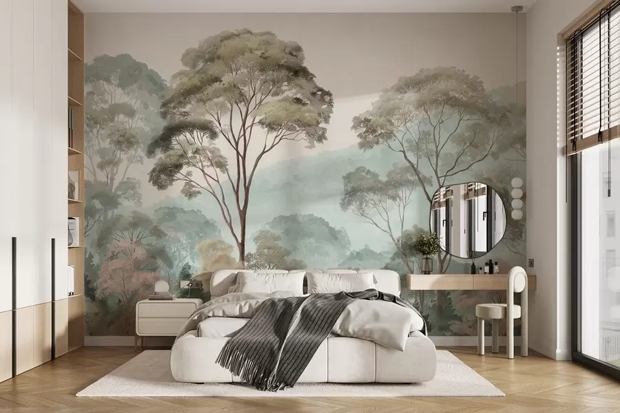 wall murals Магловито јутро у шуми у стилу акварела w09405
