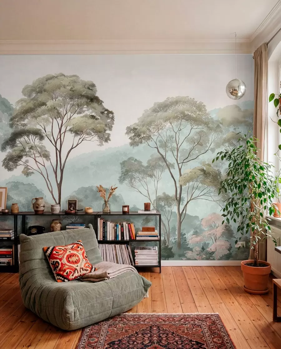 wall murals Магловито јутро у шуми у стилу акварела w09405