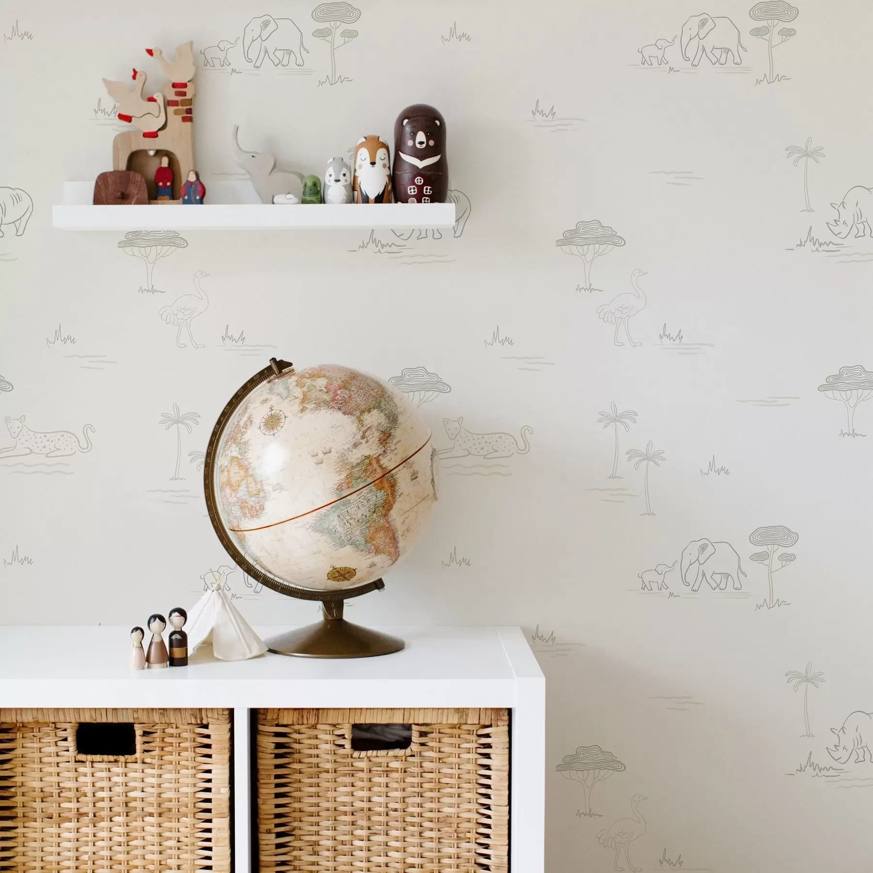 wall murals Минималистички сафари: слонови, носорог, леопард и палме a00492