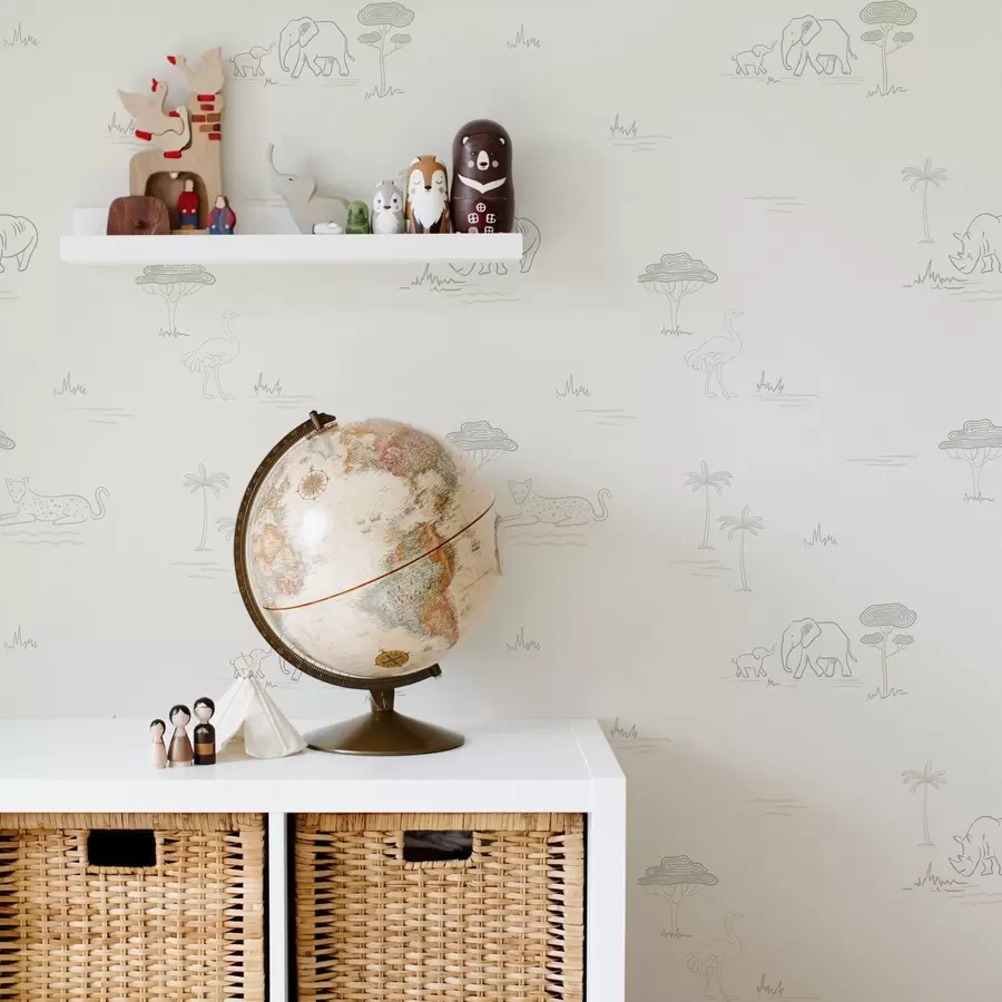 wall murals Минималистички сафари: слонови, носорог, леопард и палме a00492