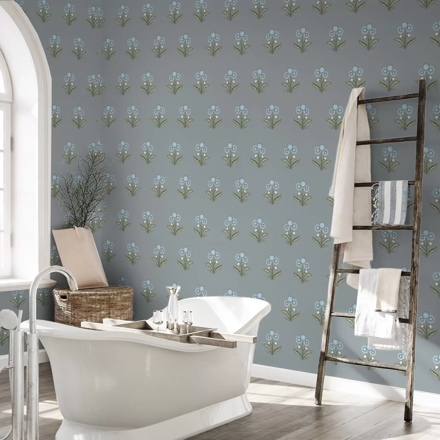 wall murals Стилизовано цвеће на сиво-плавој позадини, хладна палета a00494v1