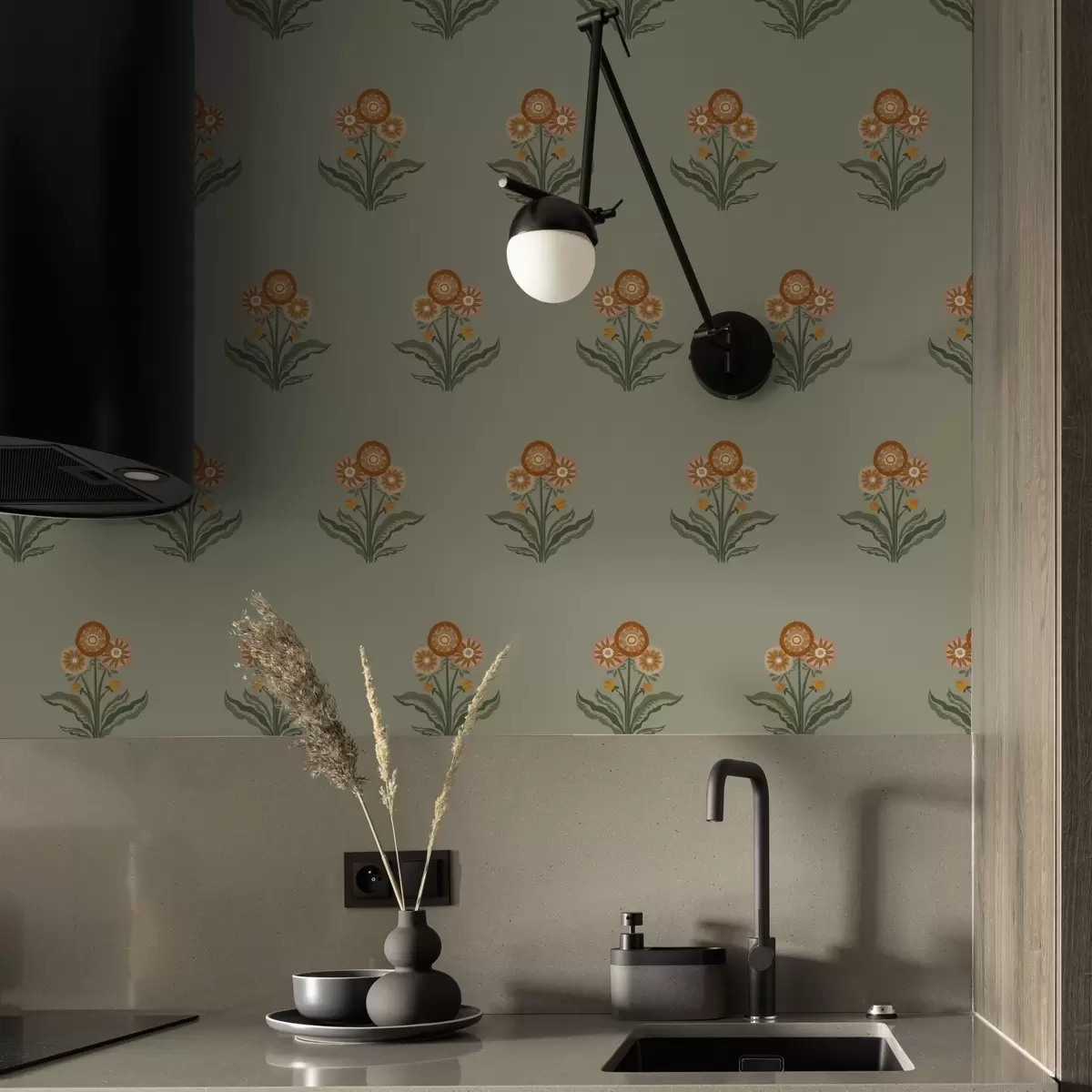 Позадина Стилизовано цвеће на маслинастој позадини, топли тонови a00494v2