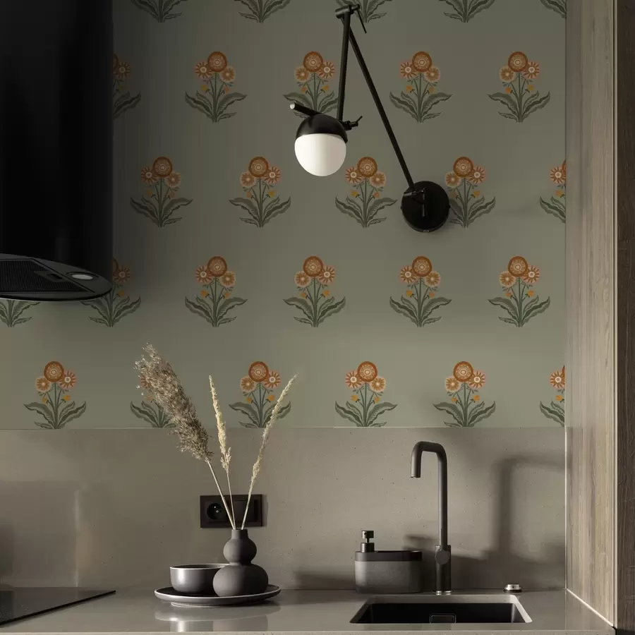 wall murals Стилизовано цвеће на маслинастој позадини, топли тонови a00494v2