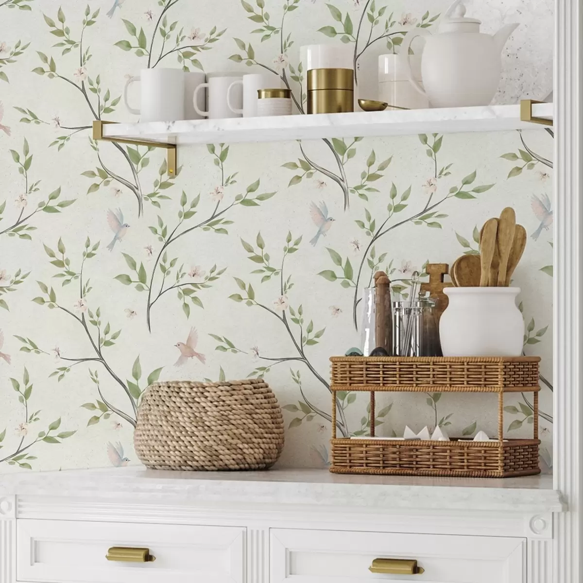 Позадина Акварелне гране са лишћем и птицама на светлом тлу a00496