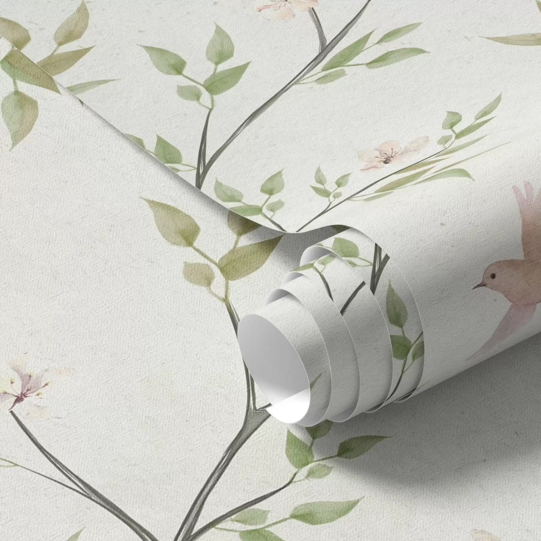 wall murals Акварелне гране са лишћем и птицама на светлом тлу a00496