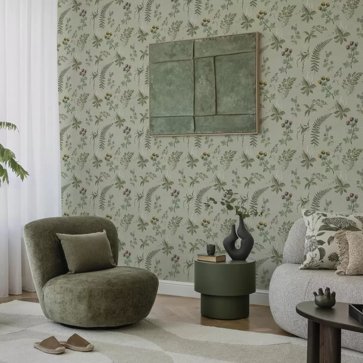 Позадина Ботаничке траве и папрати на бледо сивозеленој a00498