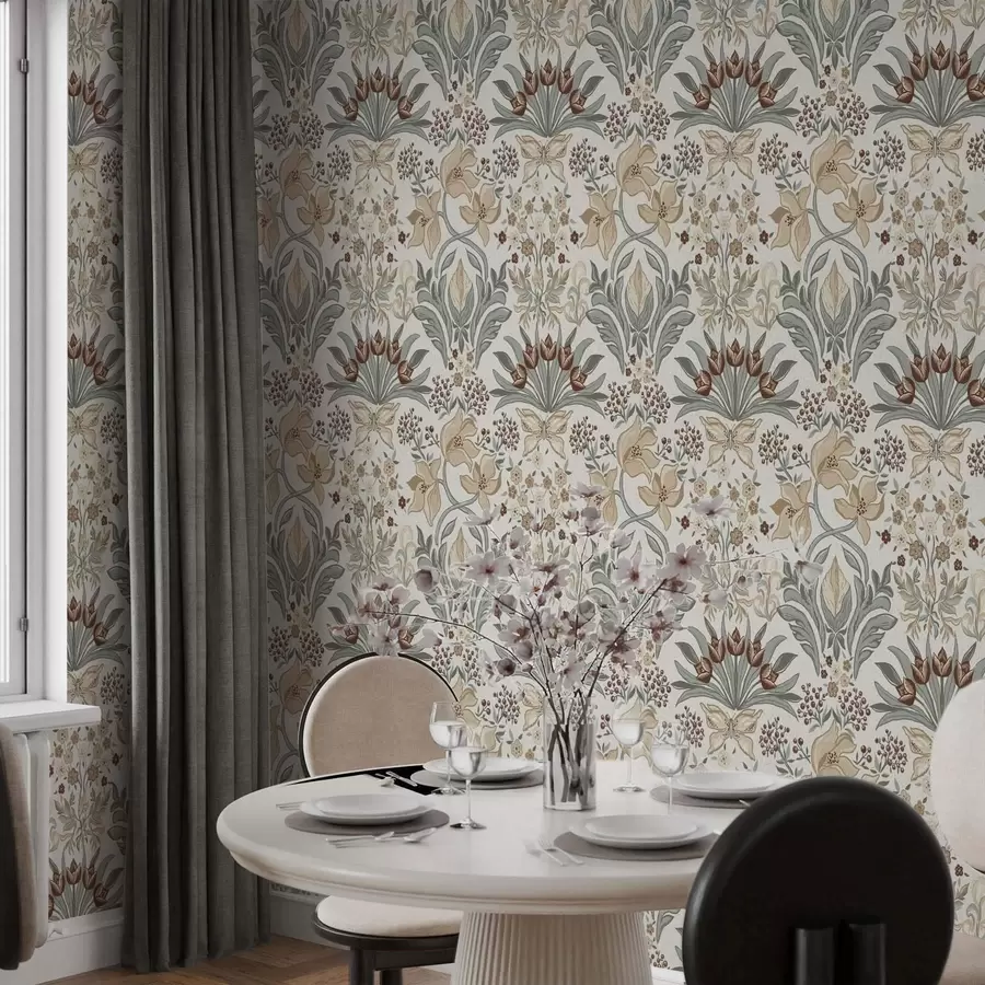 wall murals Декоративни љиљани и лептир на кремастој позадини a00500