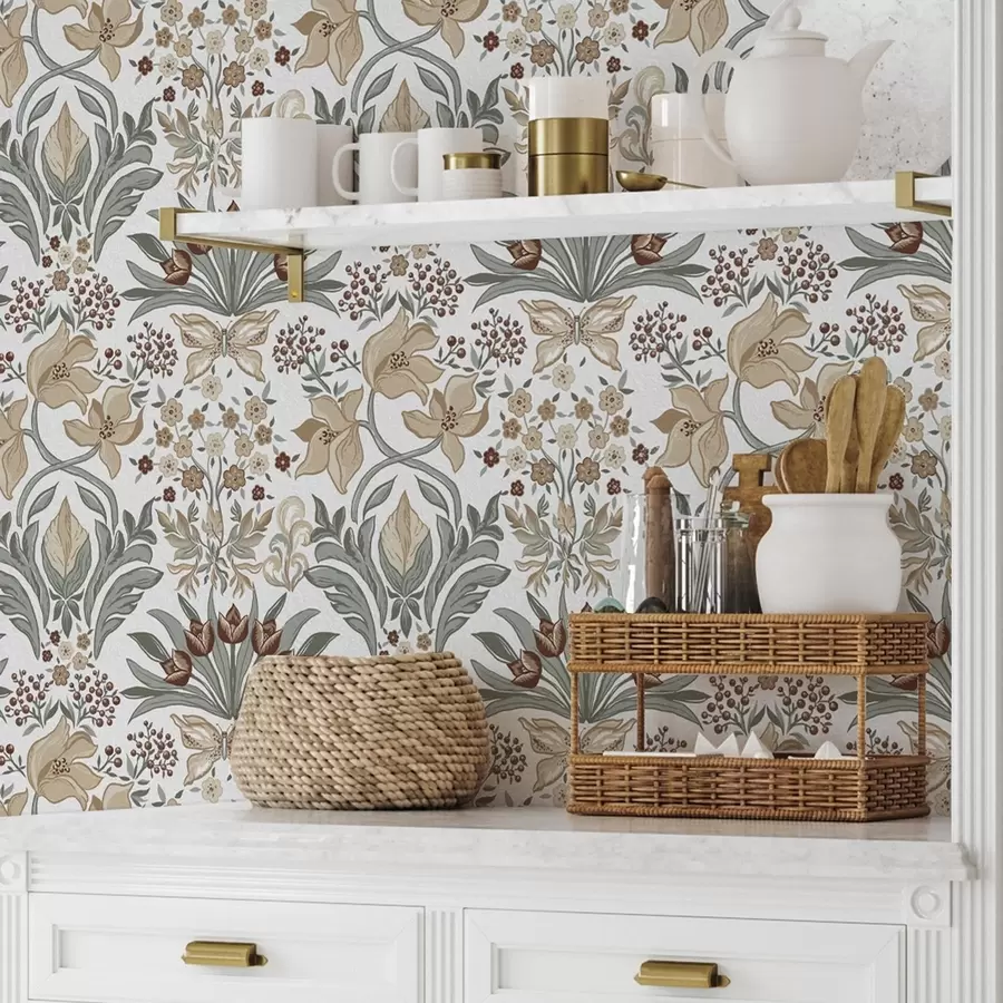 wall murals Декоративни љиљани и лептир на белој позадини a00500v1