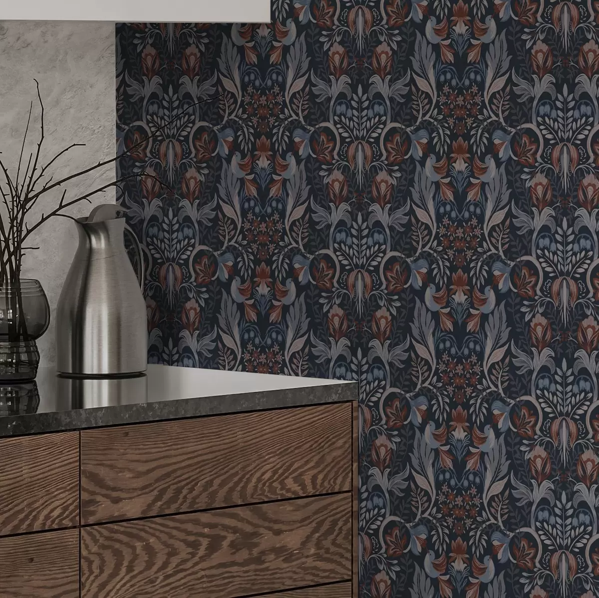 Позадина Народни украс са птицама, дубоко индиго боје a00502v1