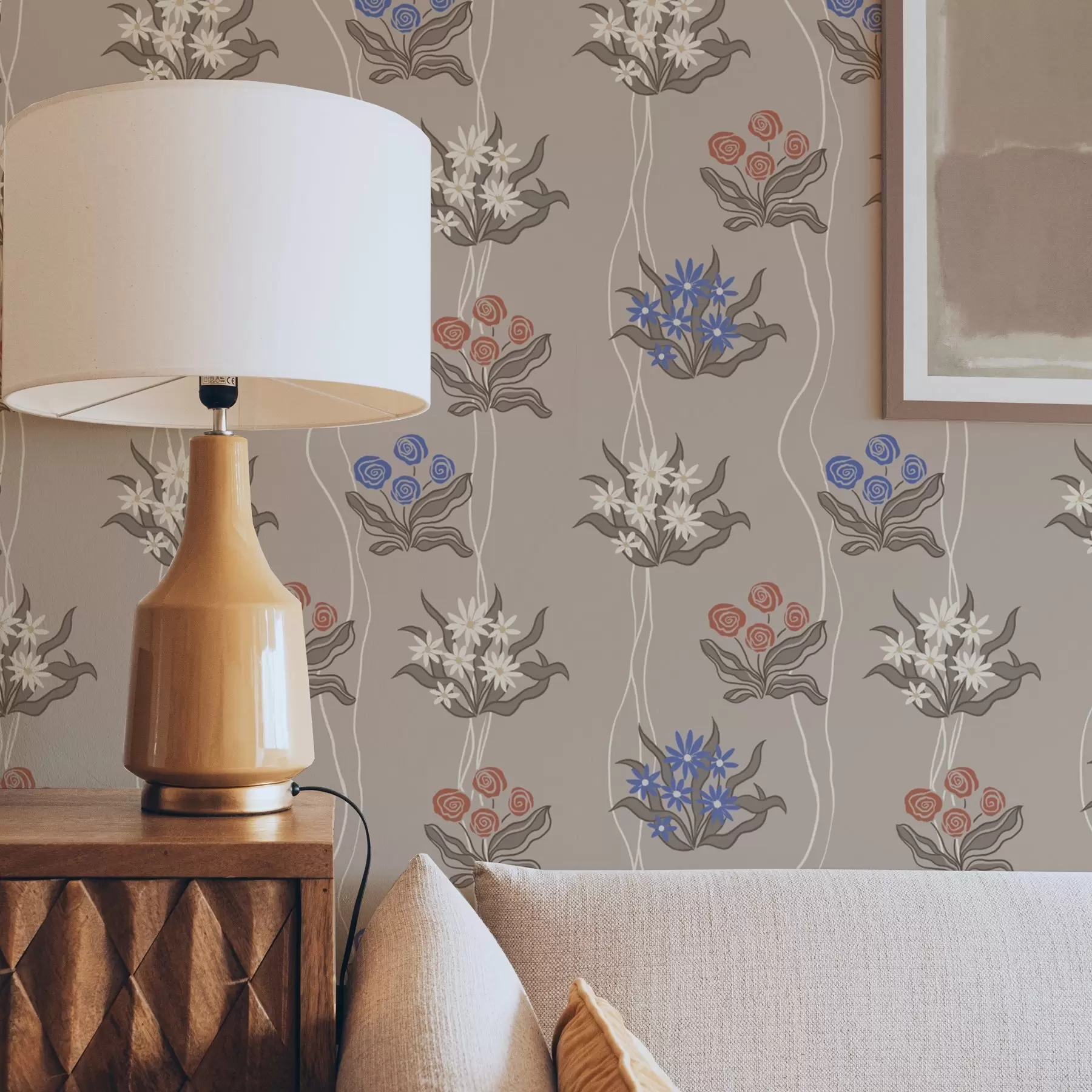 wall murals Ретро цвеће са таласастим линијама на топлој беж боји a00503