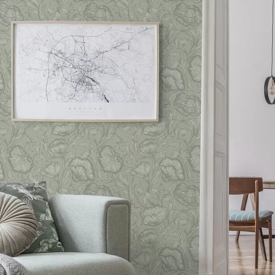 wall murals Макови линијског цртежа на сиво-зеленој позадини a00572v1