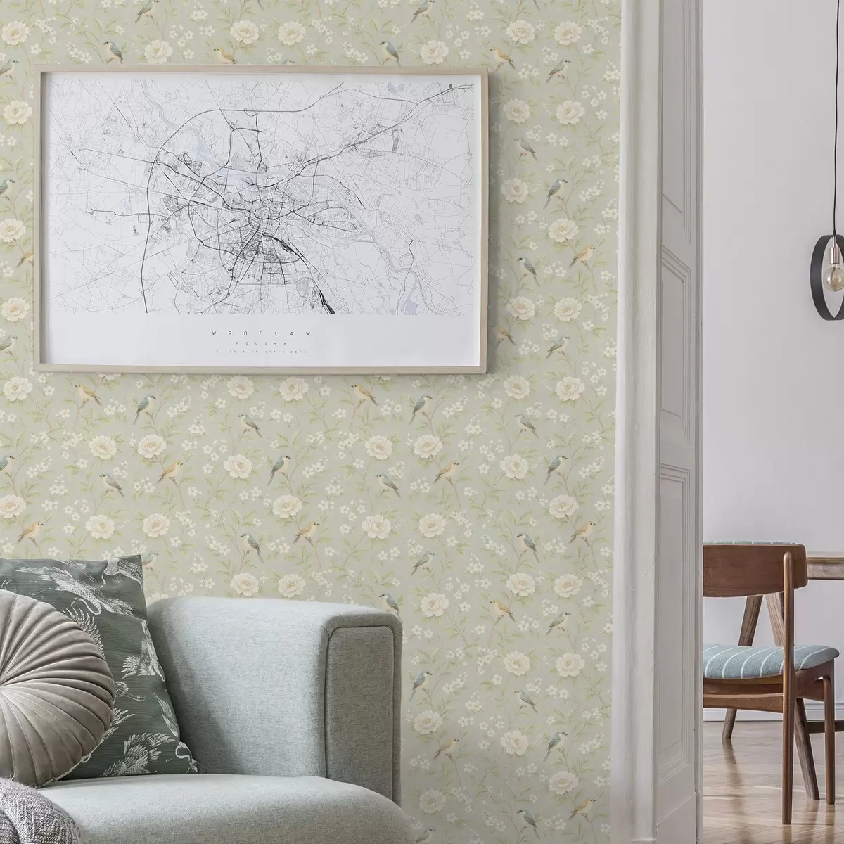 Позадина Птице међу белим цветовима на сиво-зеленој позадини a00583