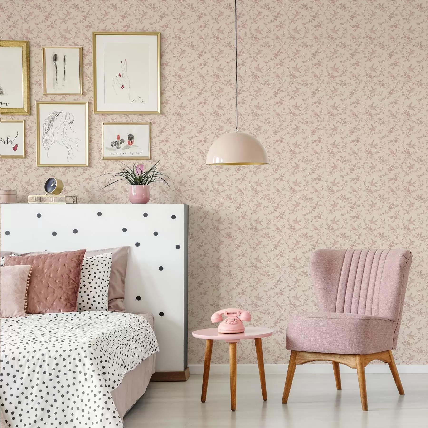 wall murals Птице и руже, винтаге узорак на прашкасто ружичастој боји a00587