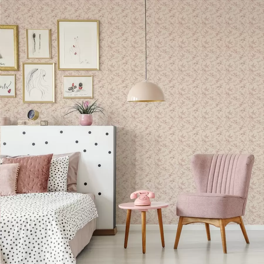 wall murals Птице и руже, винтаге узорак на прашкасто ружичастој боји a00587