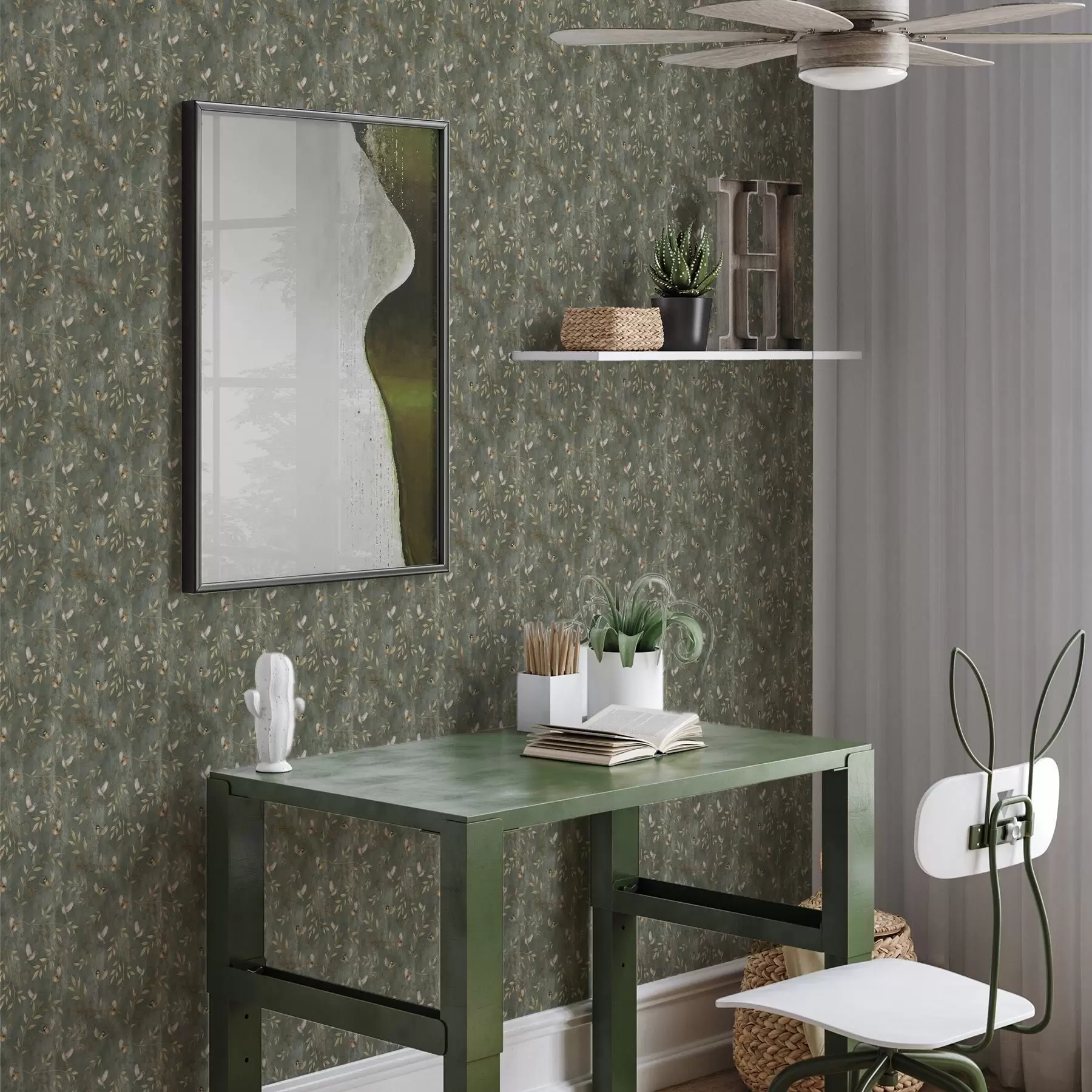 wall murals Птице у наранџастом лишћу на дубоко зеленој позадини a00591