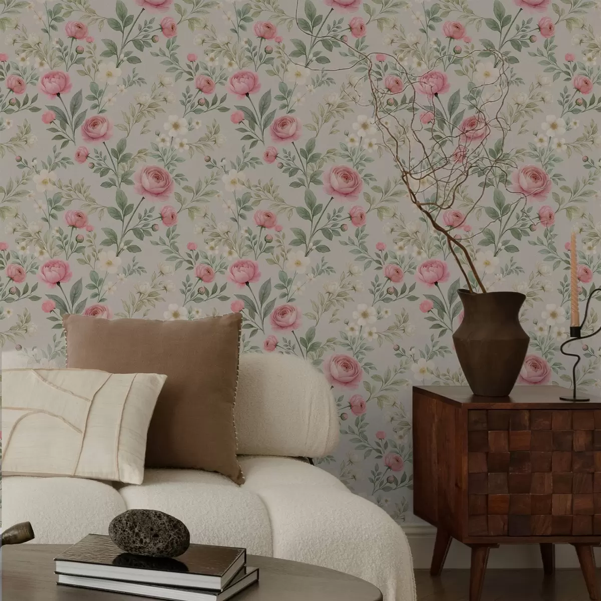 Позадина Акварел божури и бело цвеће на сиво-беж боји a00592