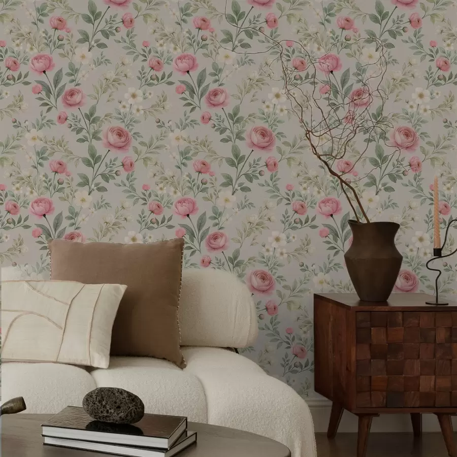 wall murals Акварел божури и бело цвеће на сиво-беж боји a00592