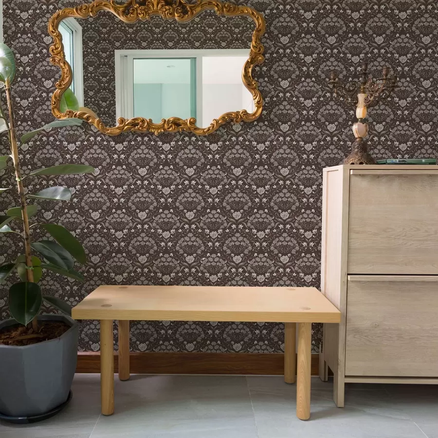 wall murals Дамаск од тамне чоколаде са божурима и висибабама a00603v2