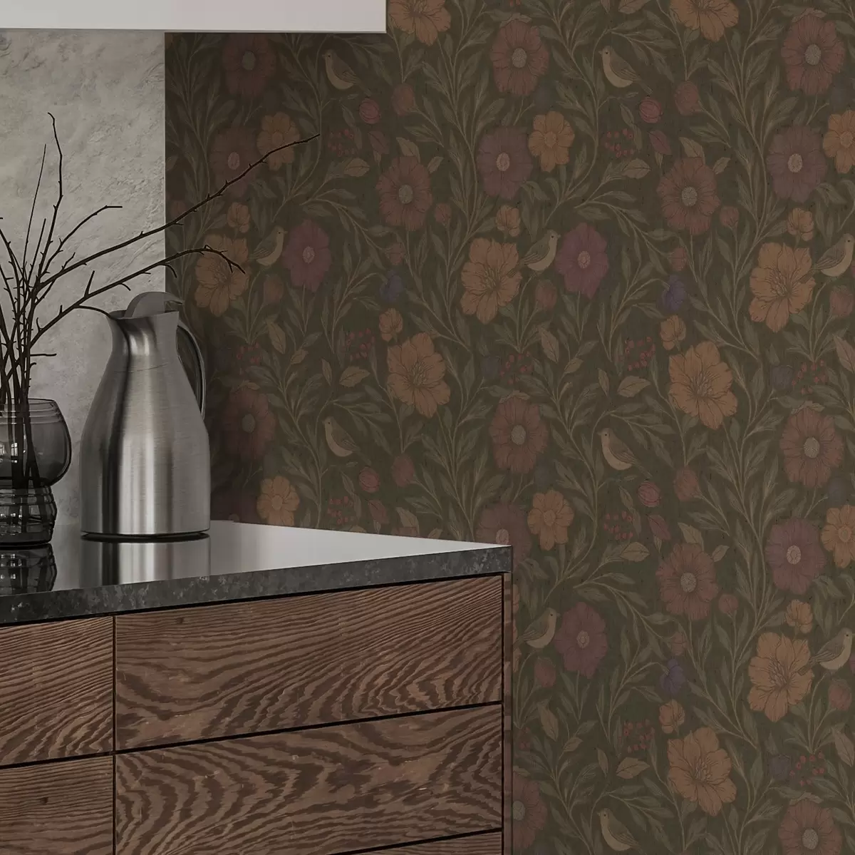 Позадина Јесење цвеће и птице на маслинасто-смеђој позадини a00605