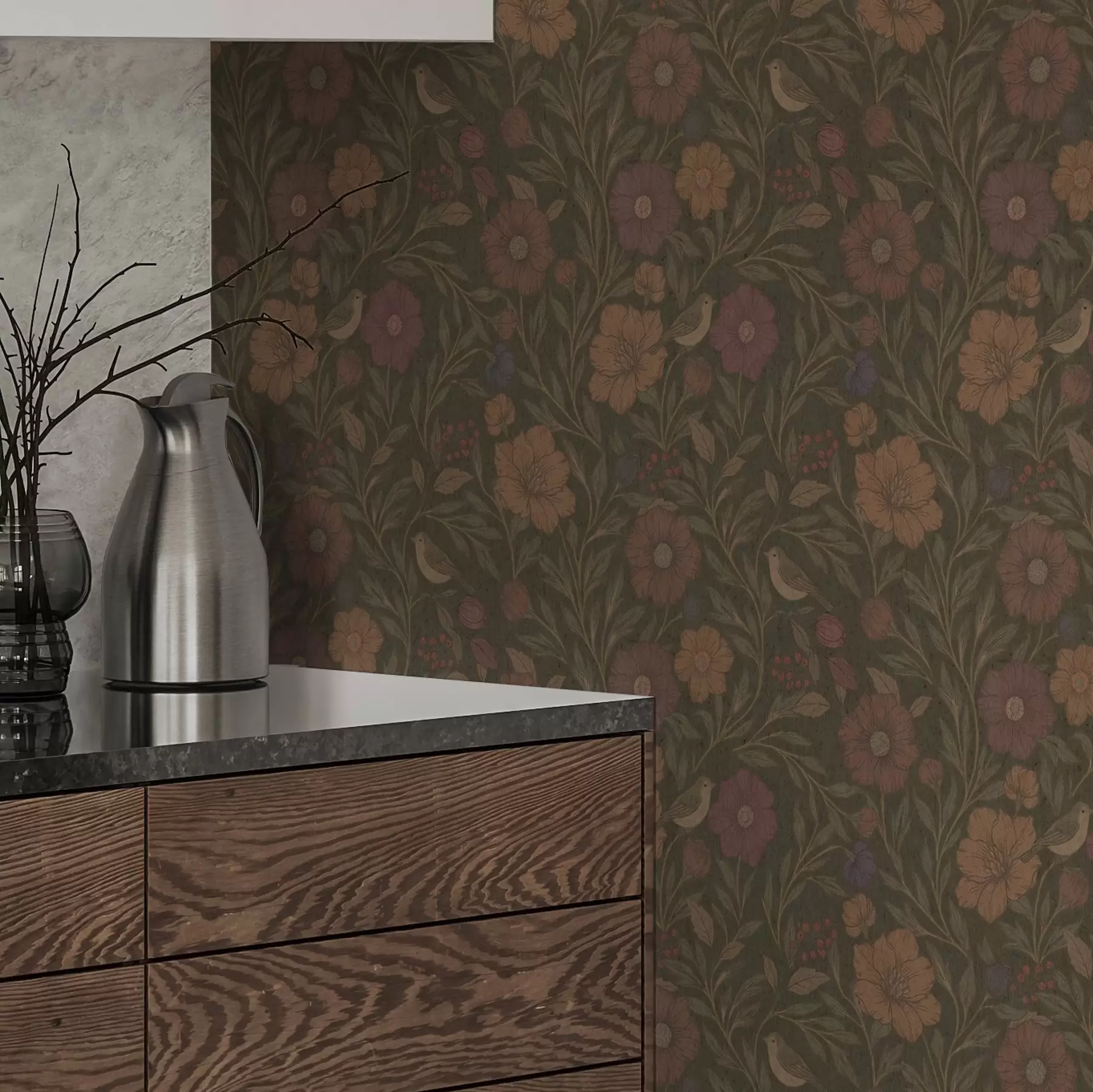 wall murals Јесење цвеће и птице на маслинасто-смеђој позадини a00605