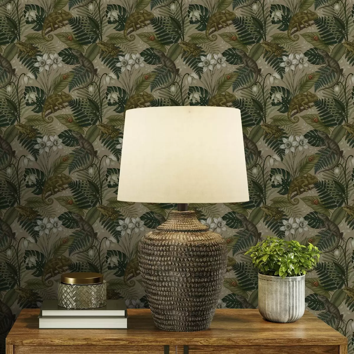 Позадина Камелеони и тропско лишће, бело цвеће, беж тло a00608