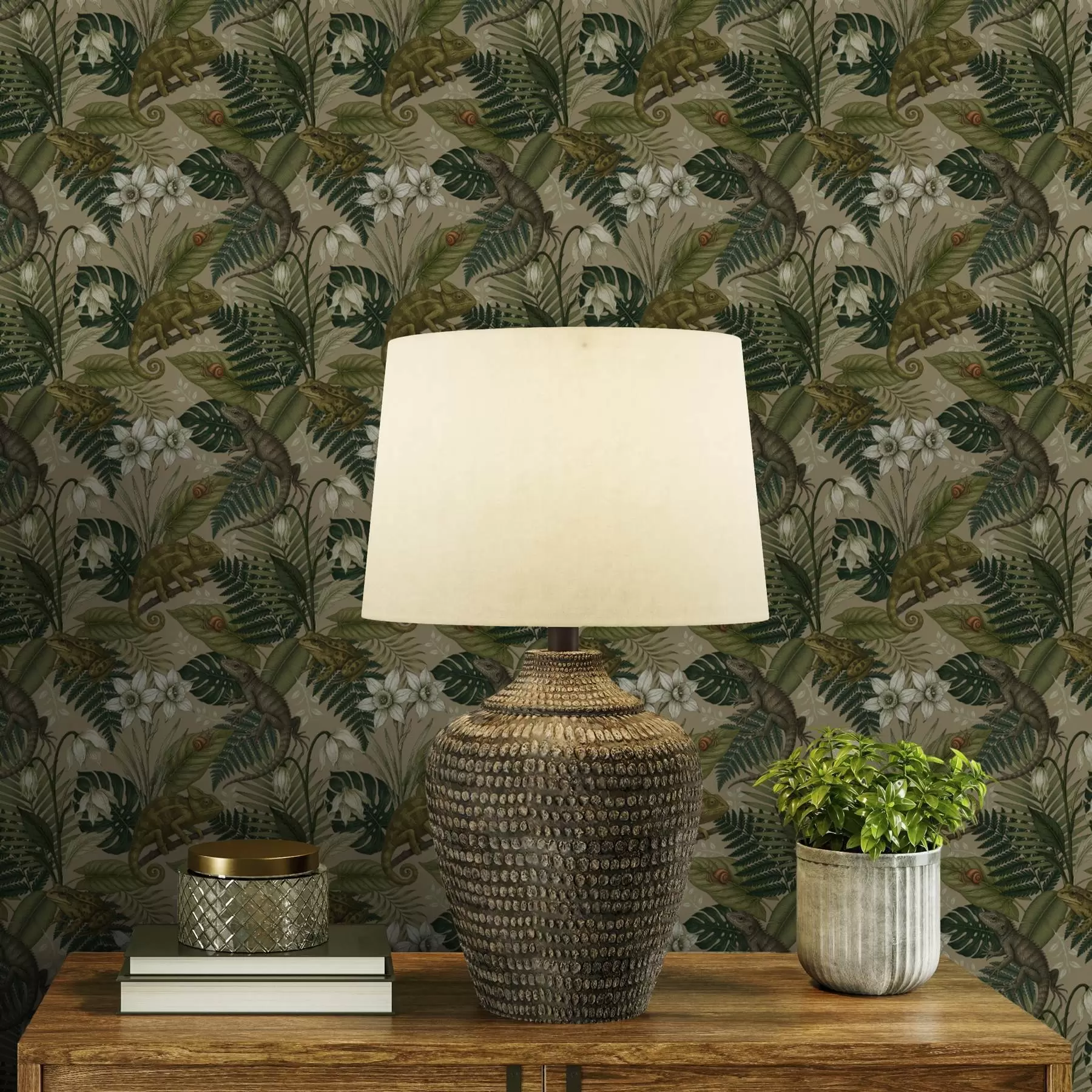 wall murals Камелеони и тропско лишће, бело цвеће, беж тло a00608