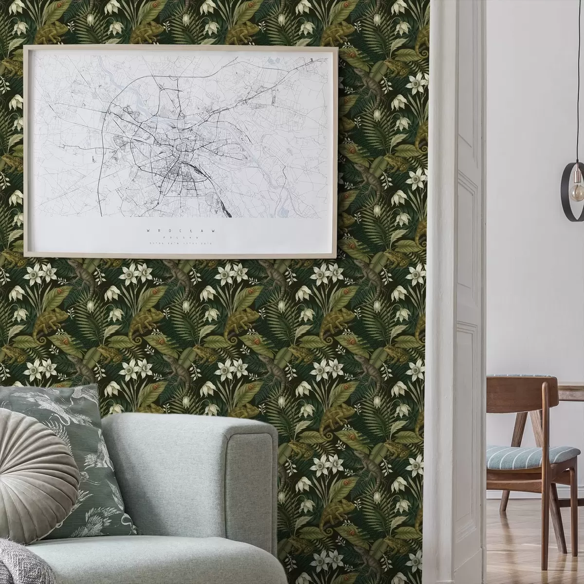 Позадина Камелеони и тропско лишће, бело цвеће, тамно тло a00608v1