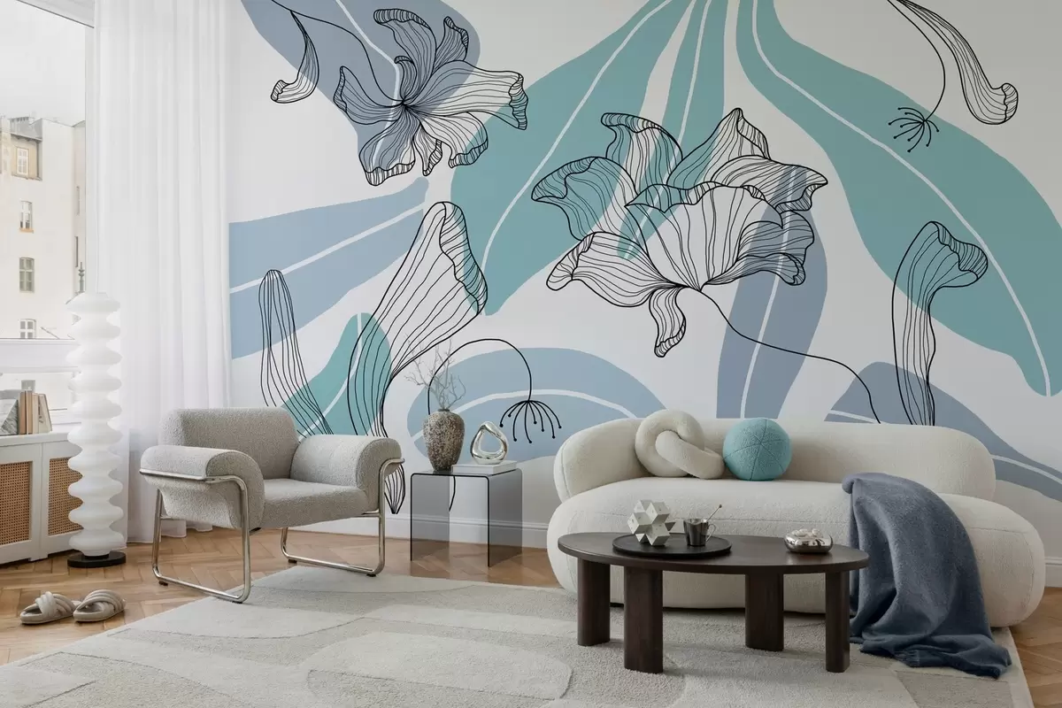 wall murals апстрактно лишће и цвеће у плавим тоновима w04499v2