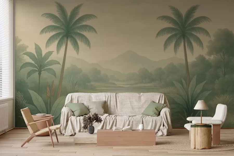 wall murals тропски пејзаж са палмама и реком w04623