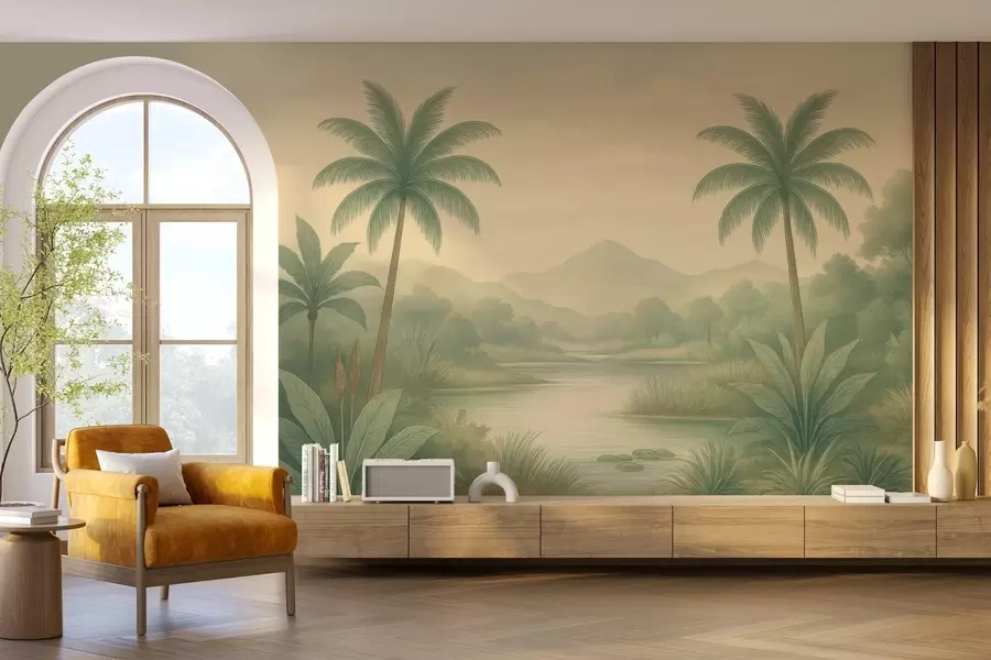 wall murals тропски пејзаж са палмама и реком w04623
