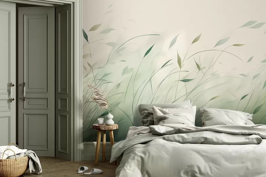 wall murals Зелена трава на ветру у стилу акварела w09331