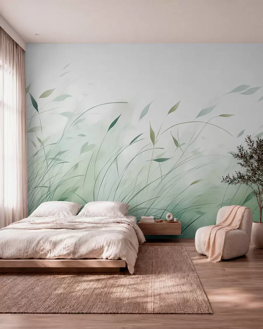 wall murals Зелена трава на ветру у стилу акварела w09331