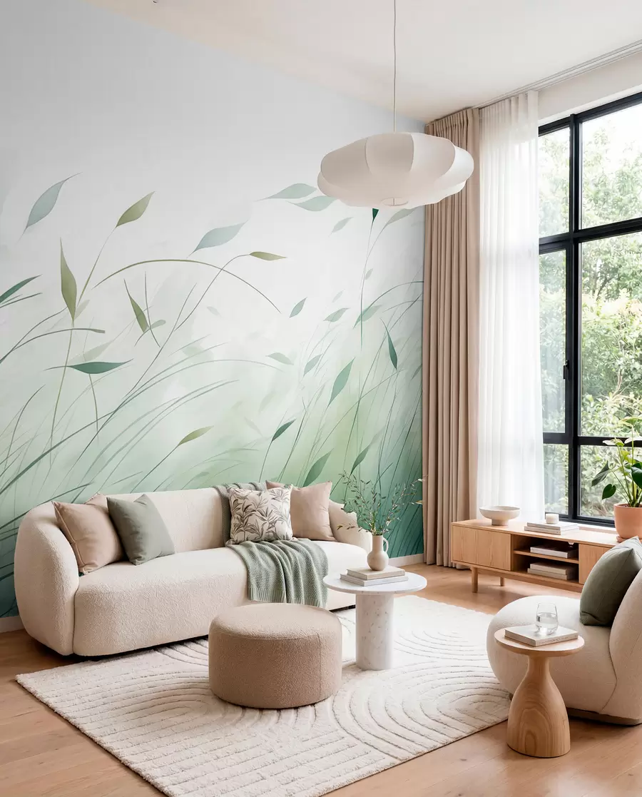 wall murals Зелена трава на ветру у стилу акварела w09331