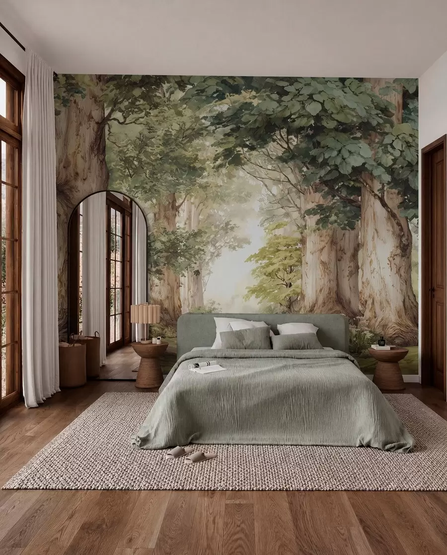 wall murals Шумска стаза међу величанственим дрвећем у акварелном стилу w09404