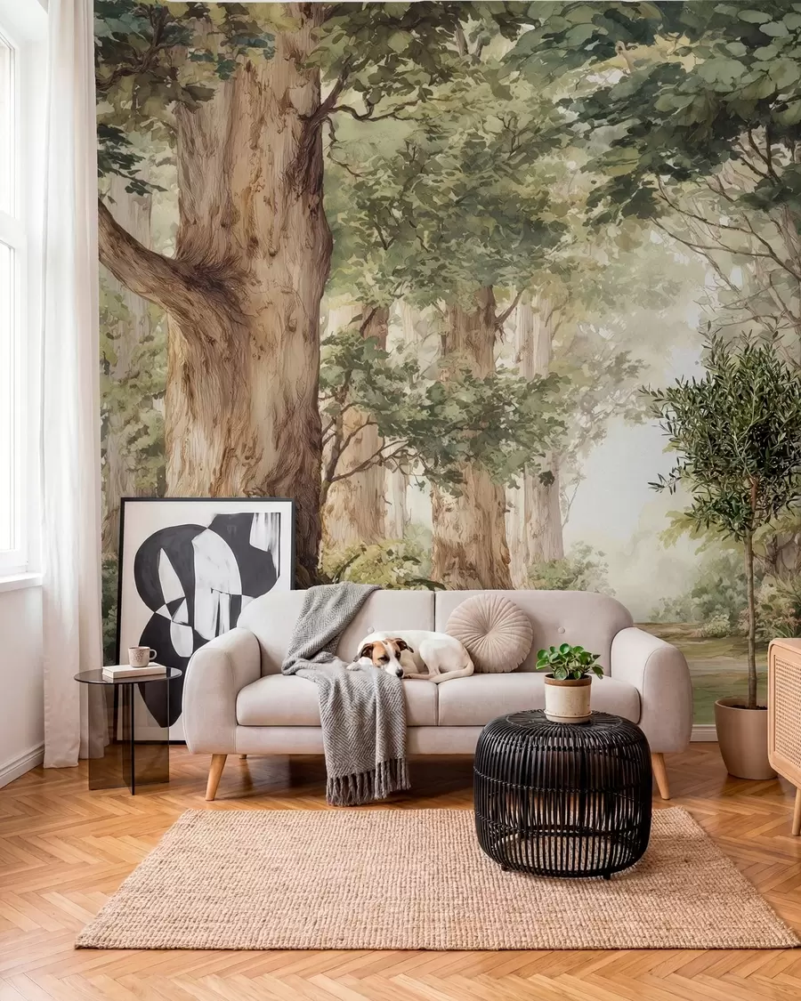 wall murals Шумска стаза међу величанственим дрвећем у акварелном стилу w09404