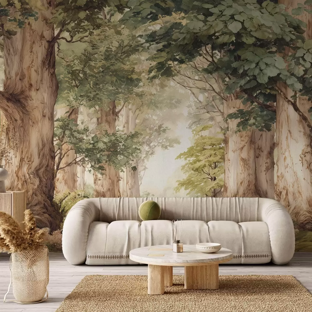 wall murals Шумска стаза међу величанственим дрвећем у акварелном стилу w09404