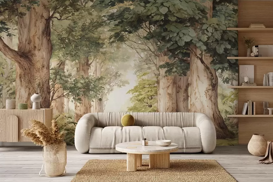 wall murals Шумска стаза међу величанственим дрвећем у акварелном стилу w09404