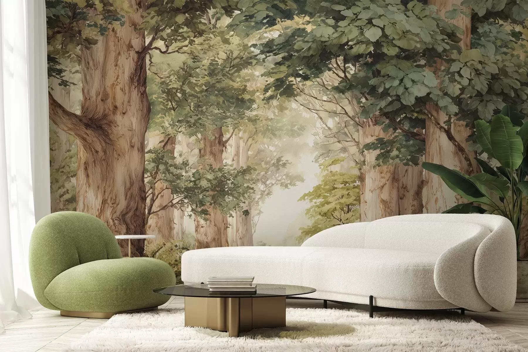 wall murals Шумска стаза међу величанственим дрвећем у акварелном стилу w09404