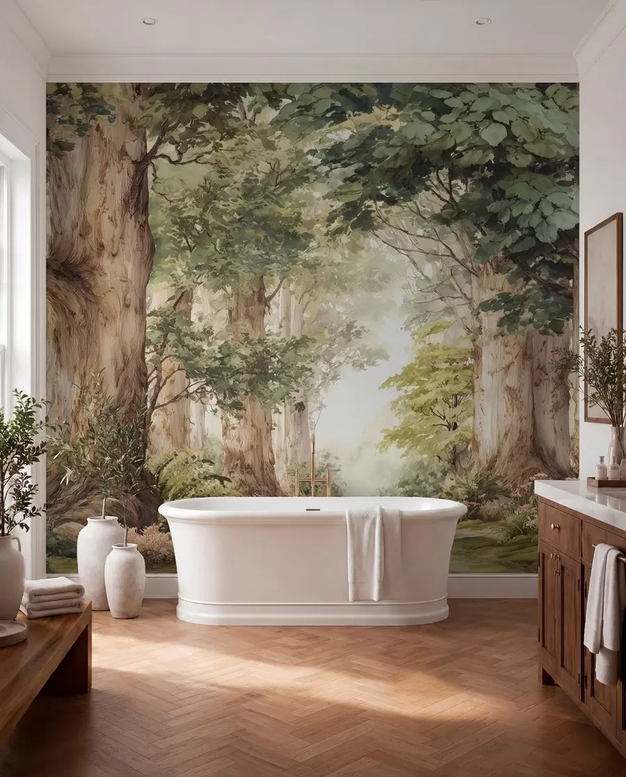 wall murals Шумска стаза међу величанственим дрвећем у акварелном стилу w09404