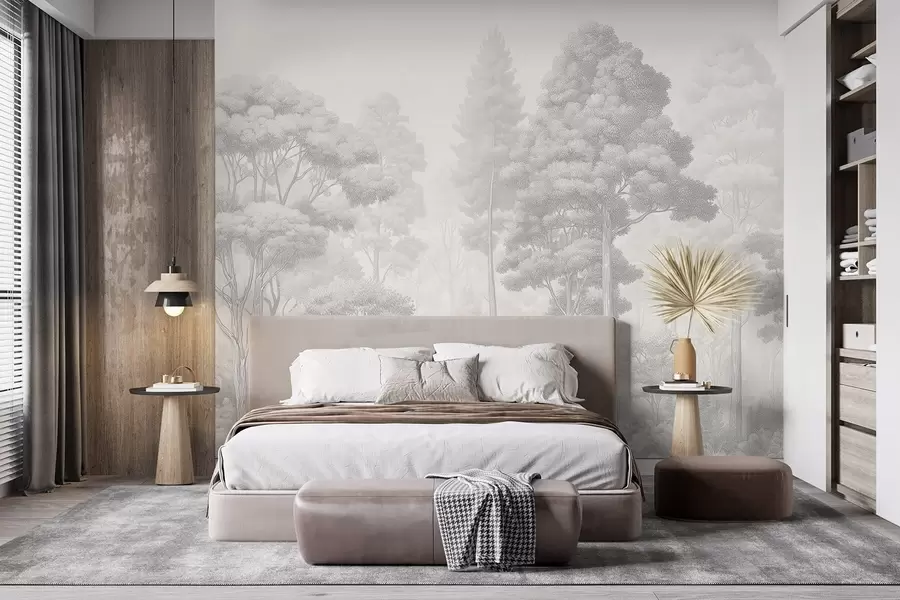 wall murals Уметнички шумски пејзаж у техници црно-белог графичког шрафирања w09411